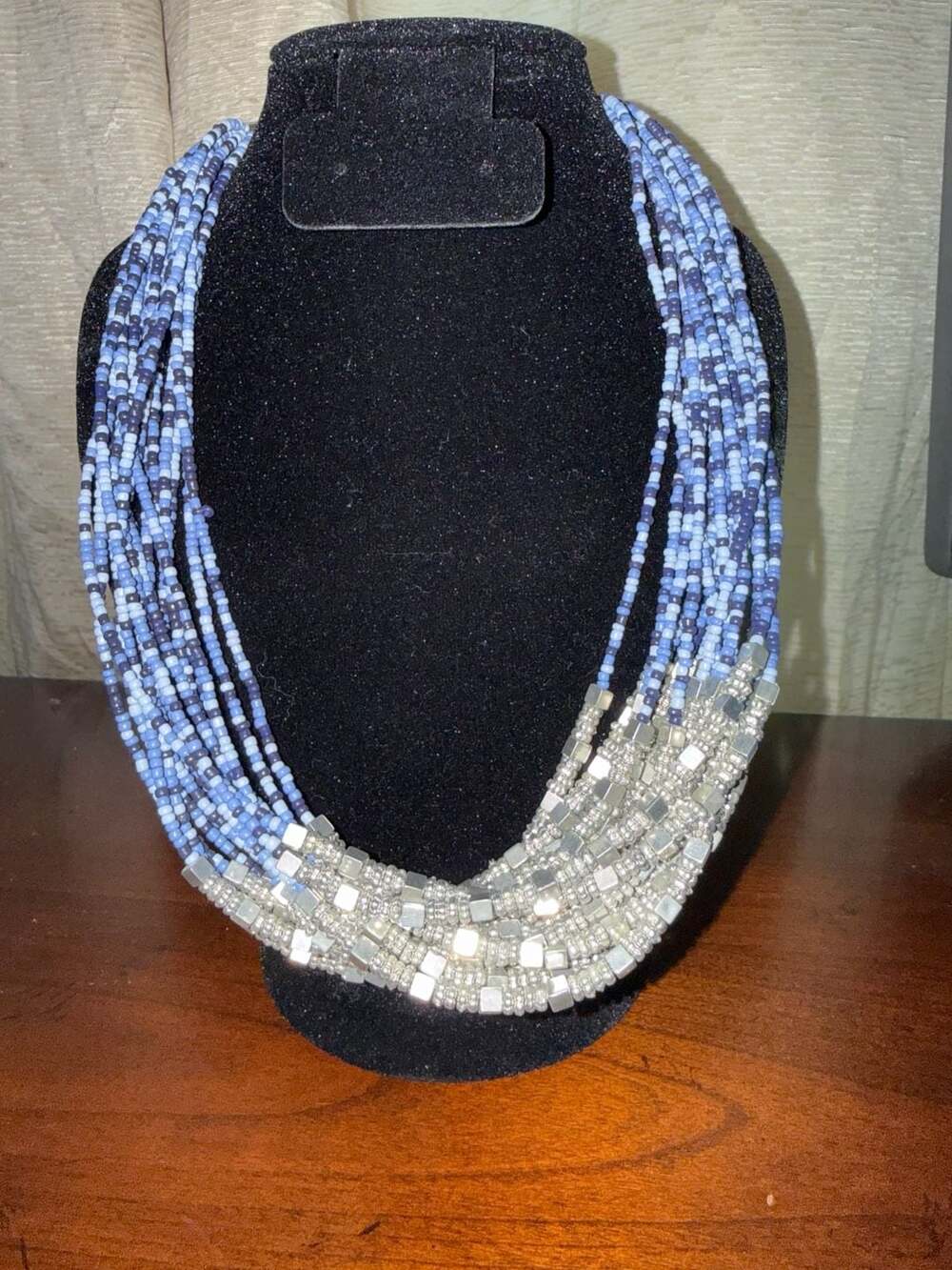 Vintage Multi Strand Blue Seed Bead Silver Tone Necklace